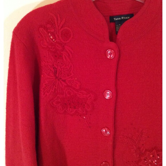 Vtg Cardigan Sweater Wmn M Red 100% Wool Floral Embroidered Grandma Cottage Y2K - Picture 6 of 12